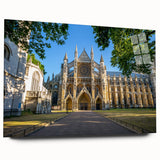 Large abstract wall art on acrylic glass depicting a modern palace design in cool blue tones.