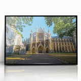 Large abstract wall art depicting a mid-century modernist palace design in black and white tones, framed in acrylic.