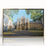 Mid-century modernist palace design in gold and black tones on acrylic, suitable for nursery wall art.