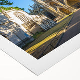 Art deco poster of a palace design in muted gold and blue tones on rolled canvas, suitable for dining room decor.