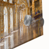 Large abstract wall art on acrylic glass featuring mid-century modernist architecture in muted earth tones.