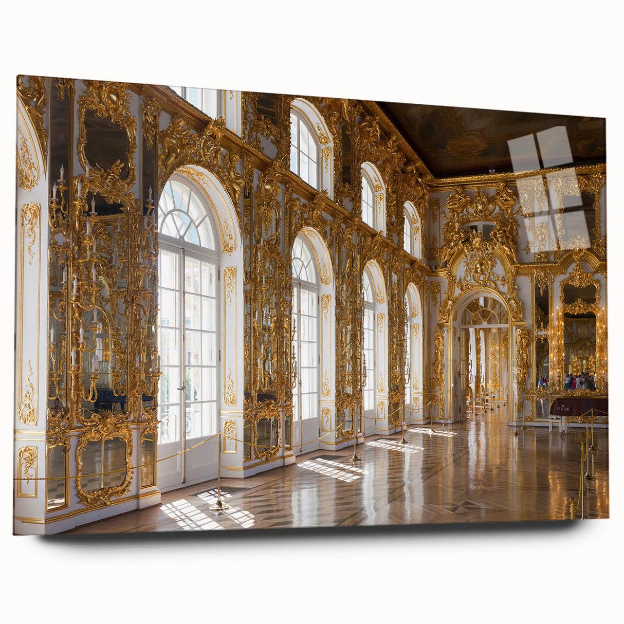Large abstract wall art featuring a palace design in muted gold and white tones on acrylic glass.