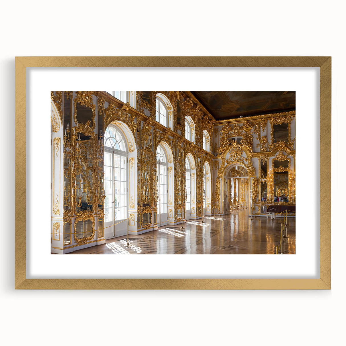 Textured art print of an abstract palace design in gold and white tones on a framed canvas, suitable for bedroom decor.