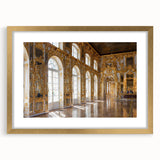 Textured art print of an abstract palace design in gold and white tones on a framed canvas, suitable for bedroom decor.