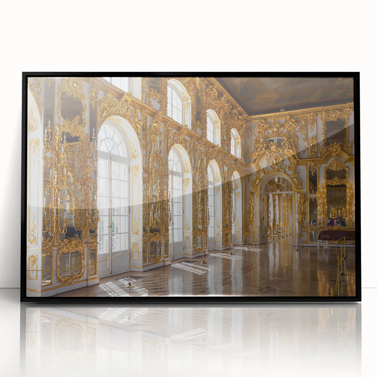 Large abstract wall art featuring a mid-century modernist palace design in black and gray tones on a framed acrylic print.