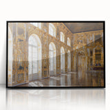 Large abstract wall art featuring a mid-century modernist palace design in black and gray tones on a framed acrylic print.