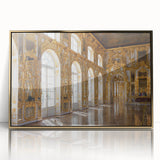 Mid-century modernist art of a palace architecture in gold and white tones, acrylic print, ideal for modern art wall decor.