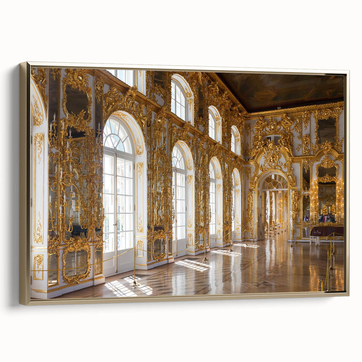 Framed canvas featuring a vintage palace design in gold and black, ideal for adding a classic touch to any living space.