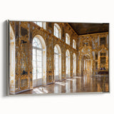 Extra large framed canvas featuring vintage poster art of a palace, in black with colorful accents.