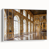 Framed canvas featuring a vintage poster of a palace architecture in black and white, ideal for bedroom wall decor.