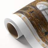 Art deco poster of a palace in muted gold and teal, printed on rolled canvas.