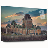 Large abstract wall art on acrylic glass depicting palace architecture in muted gray tones.