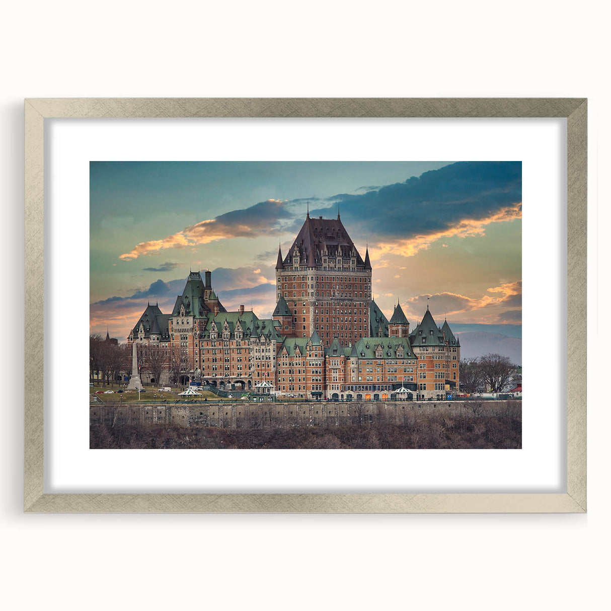 Abstract art print of a palace design in silver frame, featuring cool gray and blue tones, ideal for dining room decor.