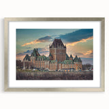 Abstract art print of a palace design in silver frame, featuring cool gray and blue tones, ideal for dining room decor.