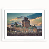 Extra large abstract art print of a palace, in muted beige and cream tones on a white framed canvas.