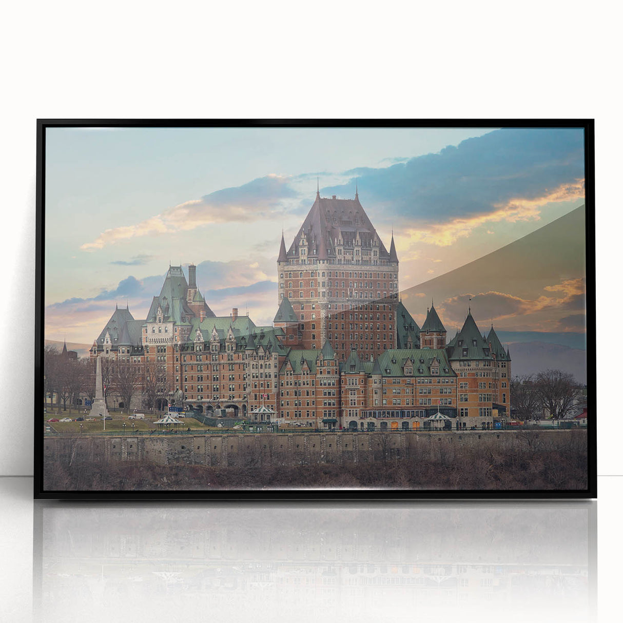 Large abstract wall art depicting a mid-century modernist palace design in black and white tones on a framed acrylic panel.