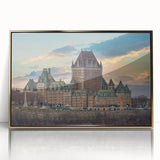 Mid-century modernist art of a palace in muted gold and cream tones on framed acrylic, suitable for nursery or modern decor.