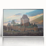 Mid-century modernist palace architecture in muted gray tones on a large framed acrylic print.