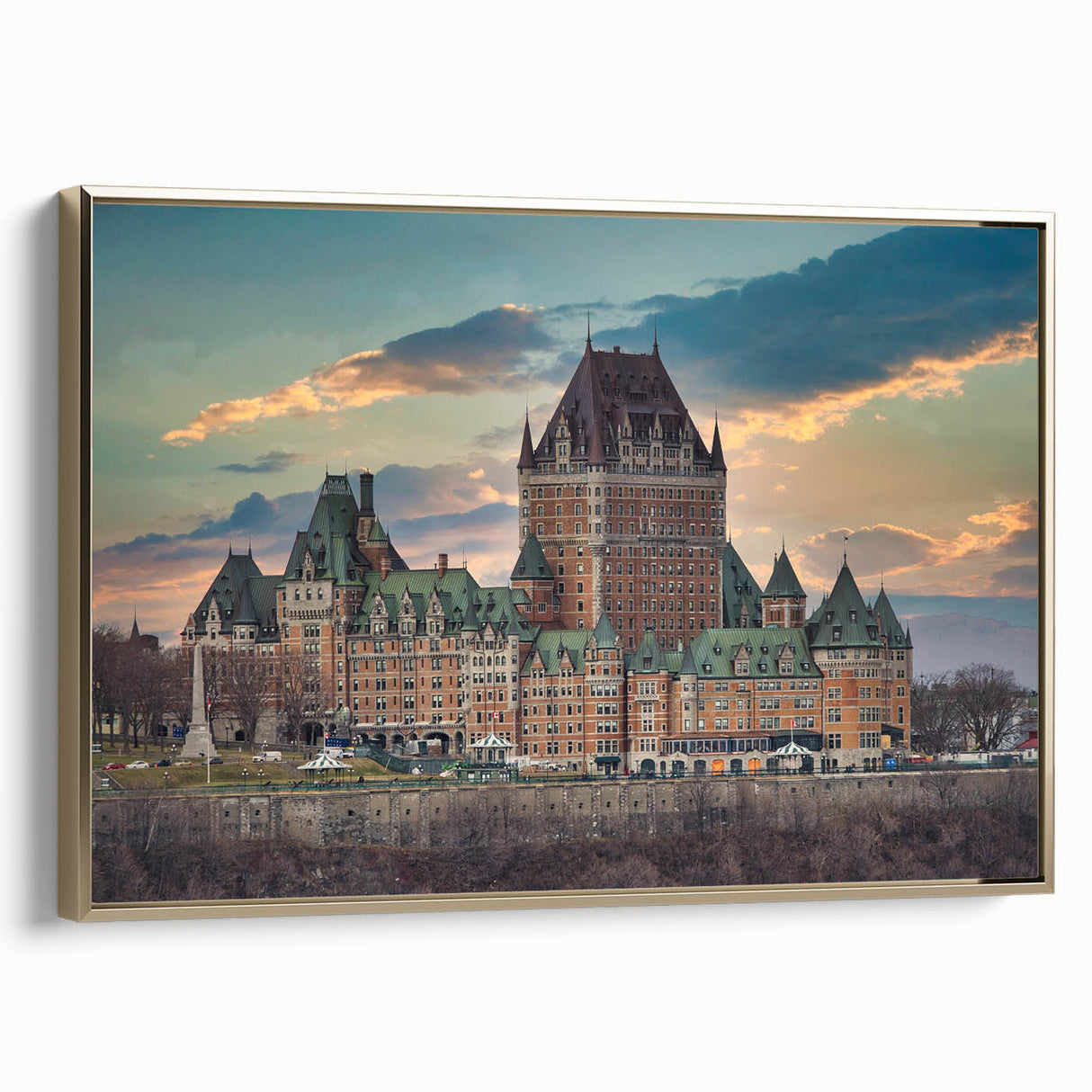 Framed canvas depicting a vintage palace design in muted gold and black tones.