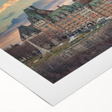 Art deco poster featuring a geometric palace design in muted gold and navy, on rolled canvas, suitable for dining room walls.