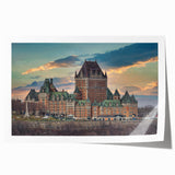 Rolled print of a large-scale floral design on a palace architecture backdrop, in muted earth tones.