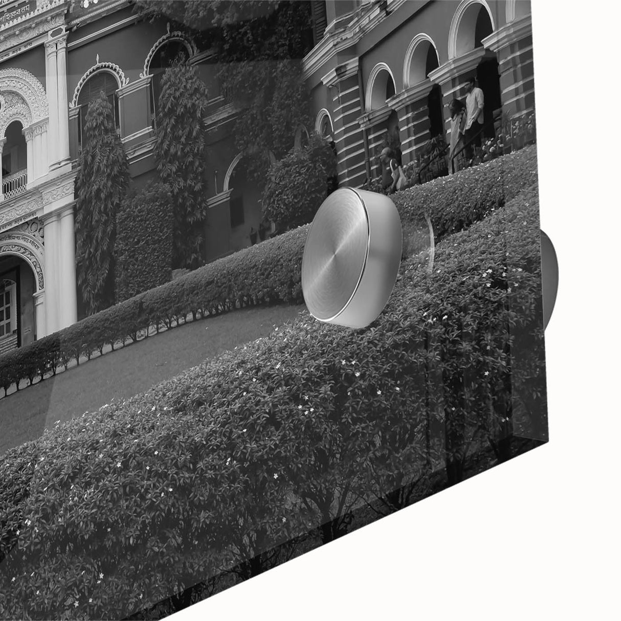 Large abstract wall art on acrylic, featuring mid-century modernist palace design in muted earth tones.