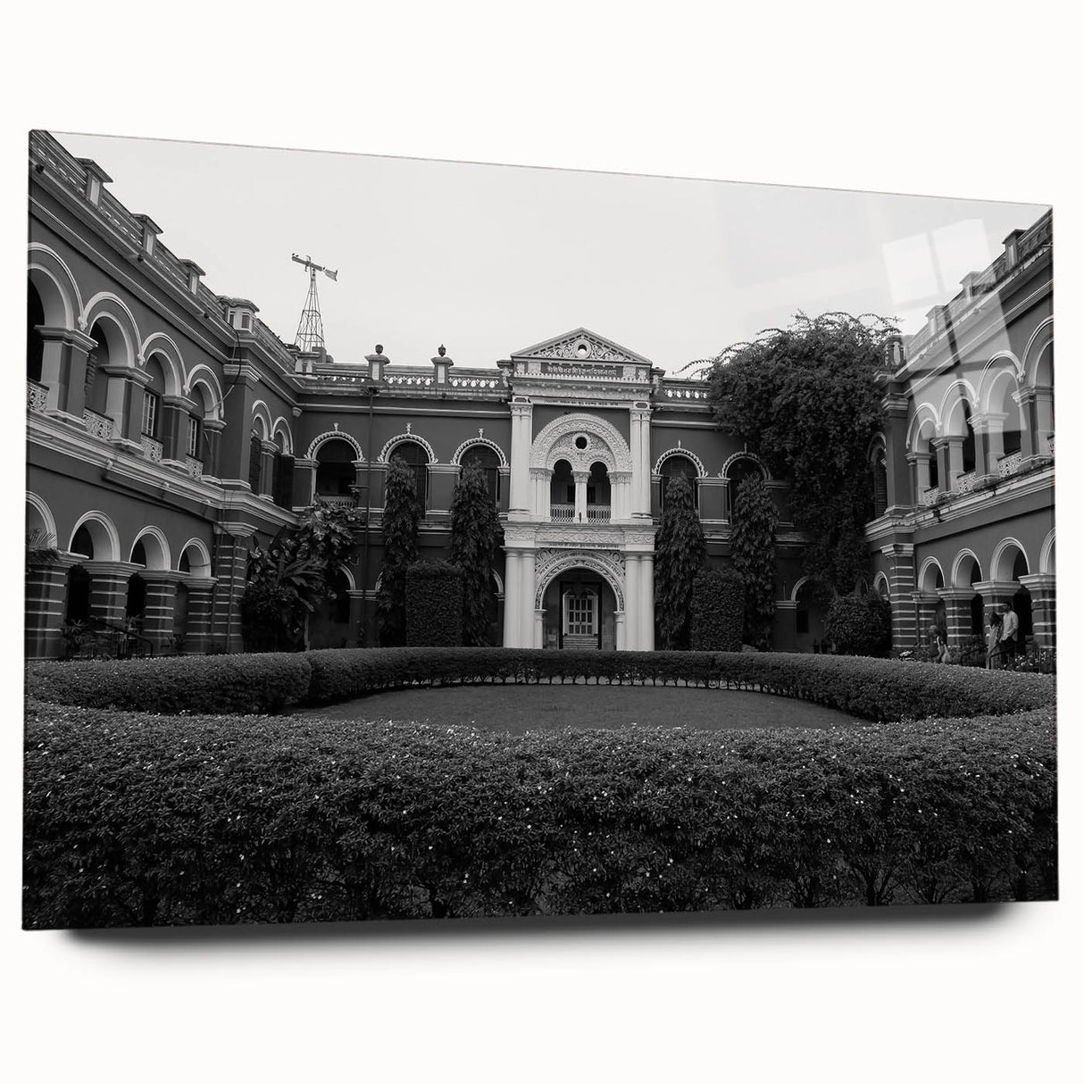 Large abstract wall art on acrylic glass depicting a modern palace design in neutral tones.