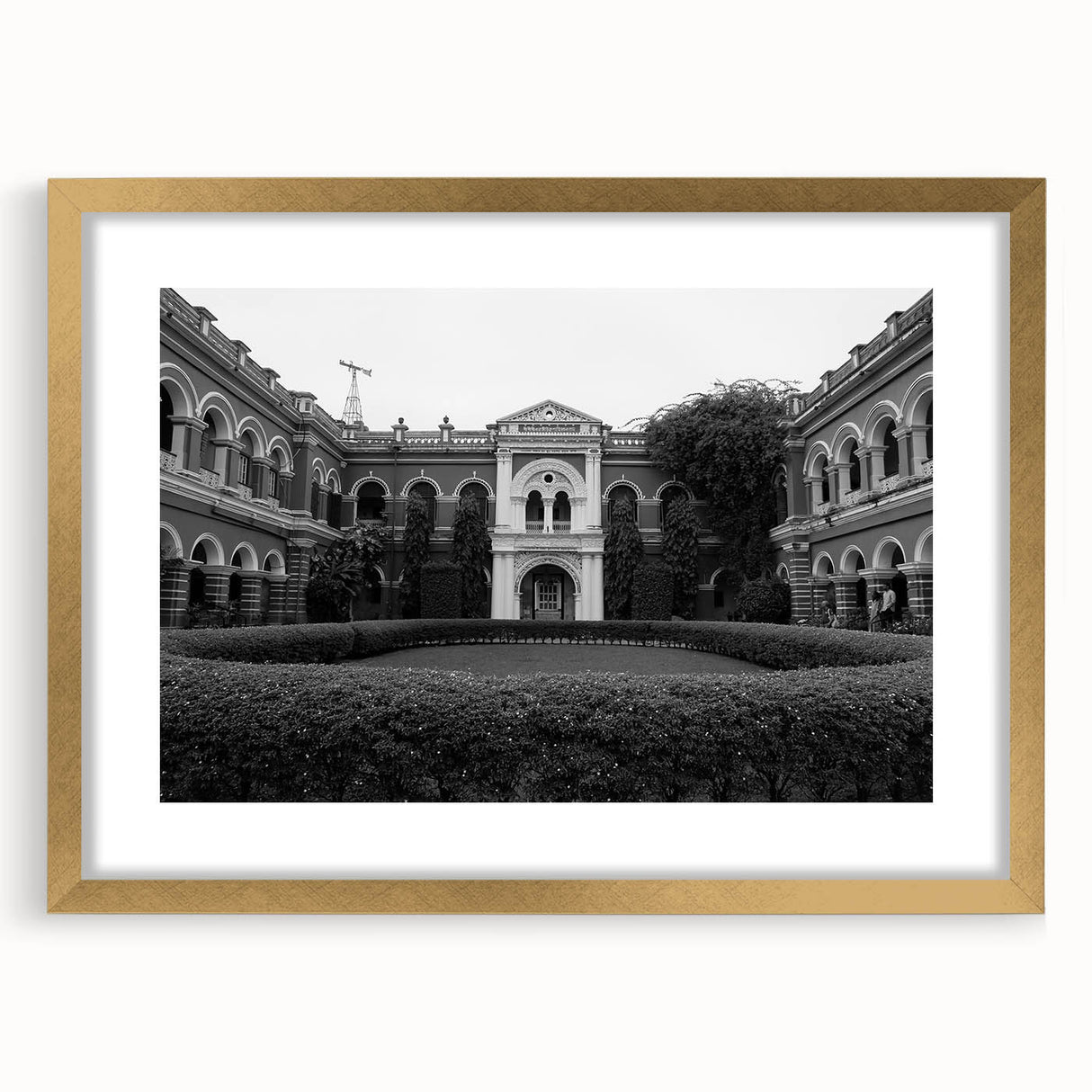 Textured abstract art print of a palace, in muted gold and white tones on a framed canvas, suitable for bedroom decor.