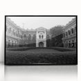 Large abstract wall art featuring a mid-century modernist palace design in black and gray tones on a framed acrylic print.