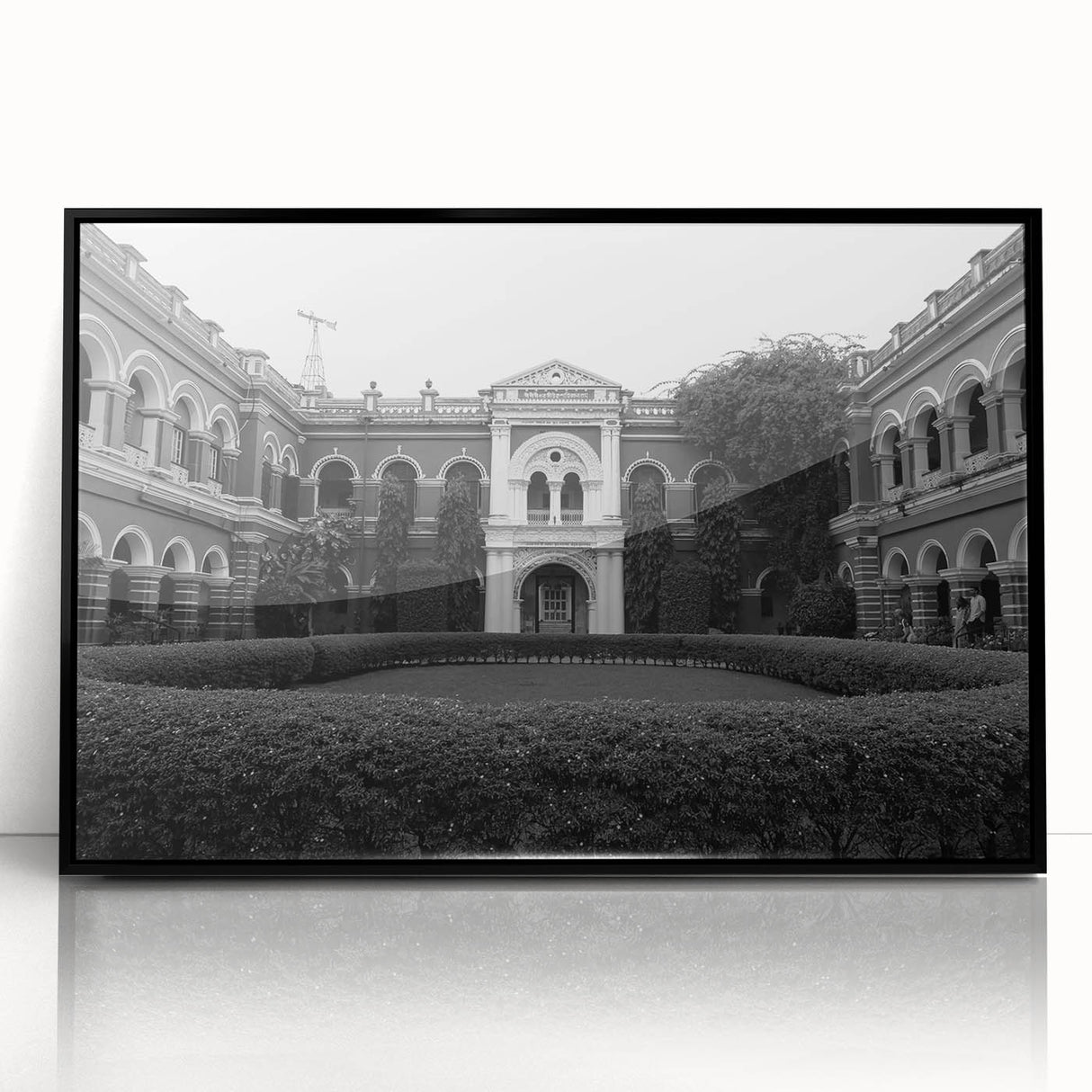 Large abstract wall art featuring a mid-century modernist palace design in black and gray tones on a framed acrylic print.