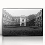 Large abstract wall art featuring a mid-century modernist palace design in black and gray tones on a framed acrylic print.