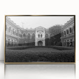 Mid-century modernist art of a palace, in gold and beige tones on a framed acrylic, suitable for modern art wall decor.