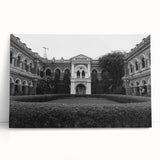 Black and white photo of a palace architecture on stretched canvas, suitable as large kitchen wall art or bedroom decor.
