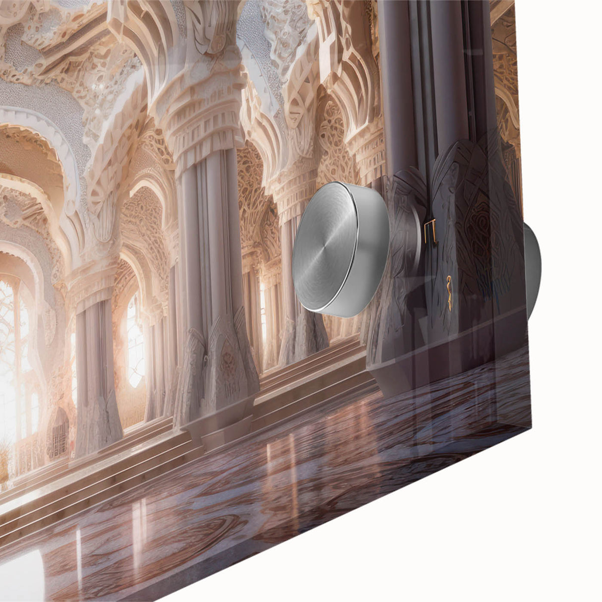 Large abstract wall art featuring mid-century modernist palace design in muted tones, acrylic print.