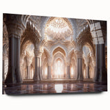 Large abstract wall art featuring a blurred image of a palace in muted beige tones, printed on acrylic glass.