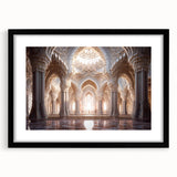 Extra large abstract art print featuring a colorful, textured depiction of a palace, presented in a black frame with mat.