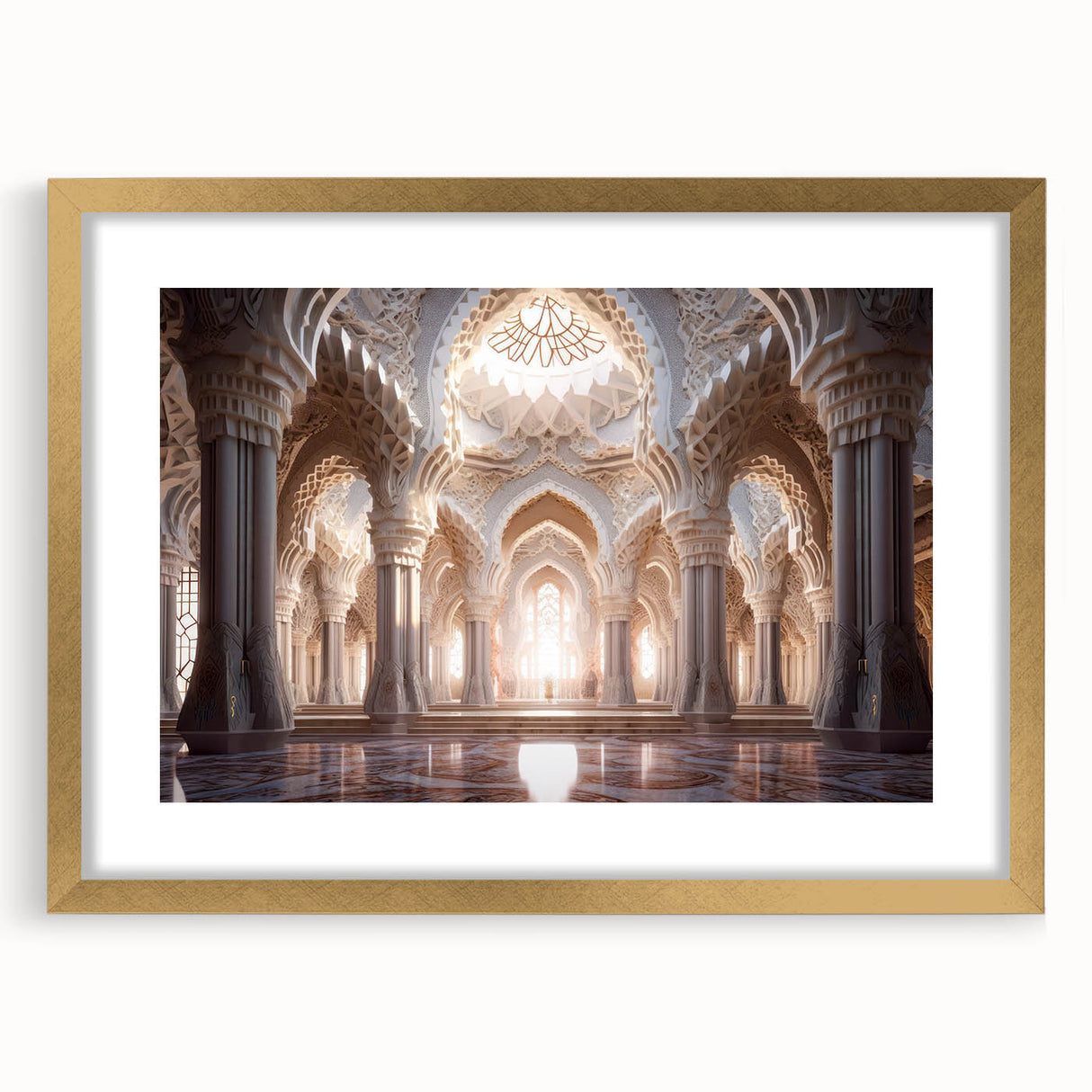 Textured art featuring an abstract design in gold and white, framed with a mat, ideal for bedroom ambiance.