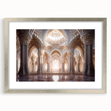 Abstract art print of a palace architecture in muted gray and silver tones on a framed canvas.