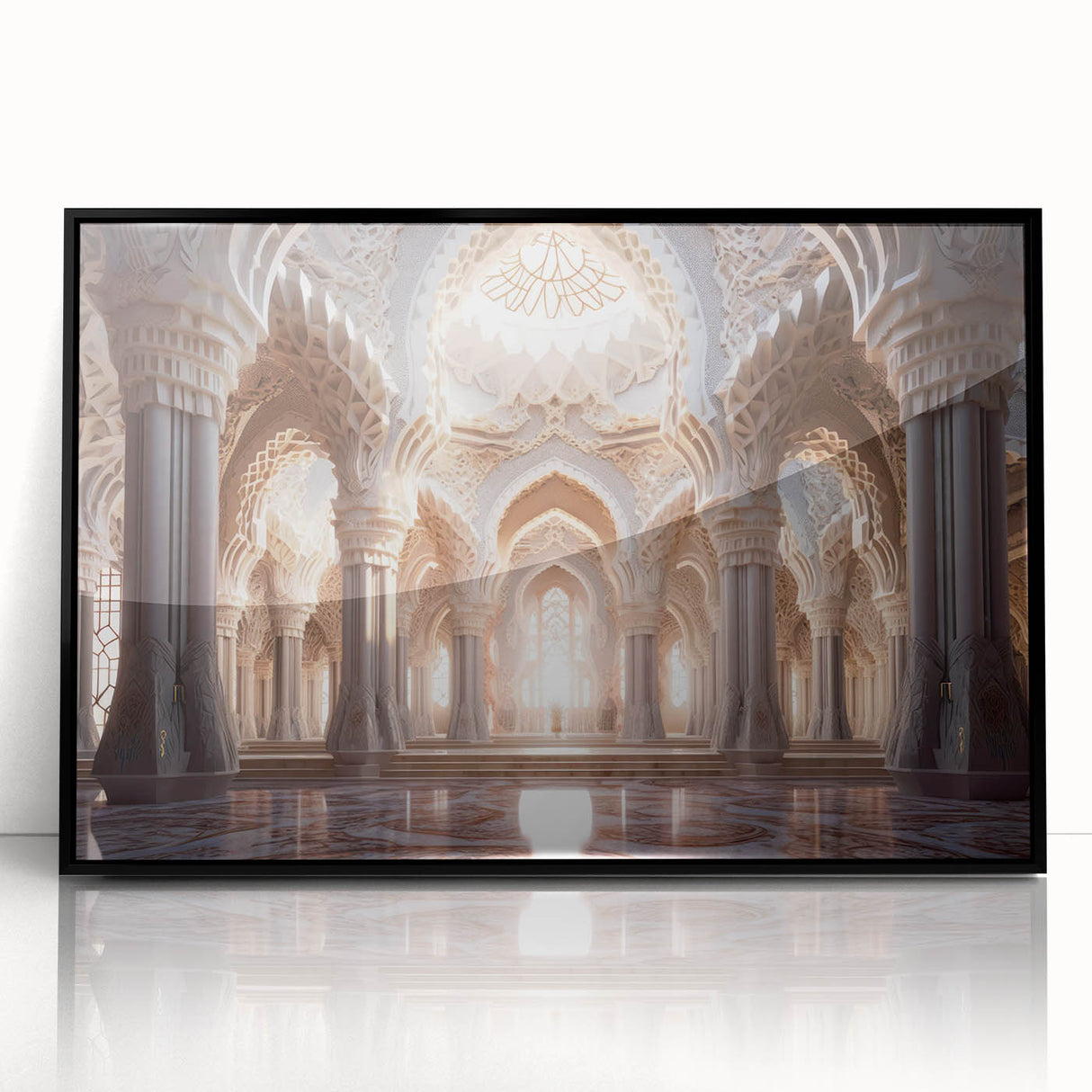 Large abstract wall art featuring a mid-century modernist palace design in black and white tones, framed acrylic.