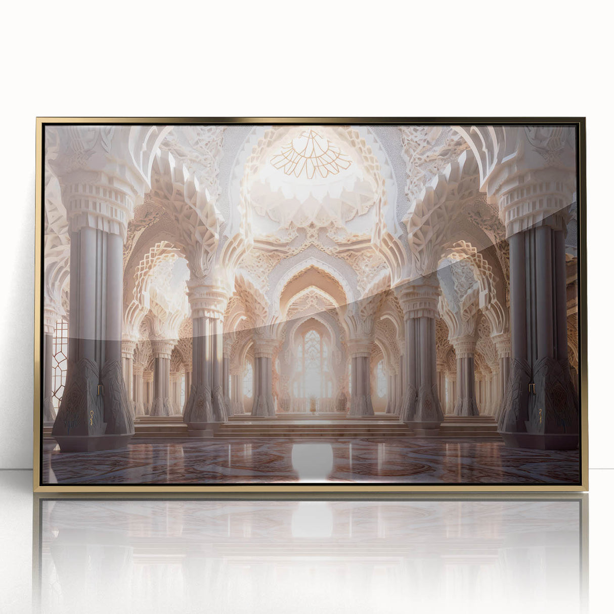 Mid-century modernist art of a geometric palace design in gold tones on acrylic, suited for modern art wall decor.