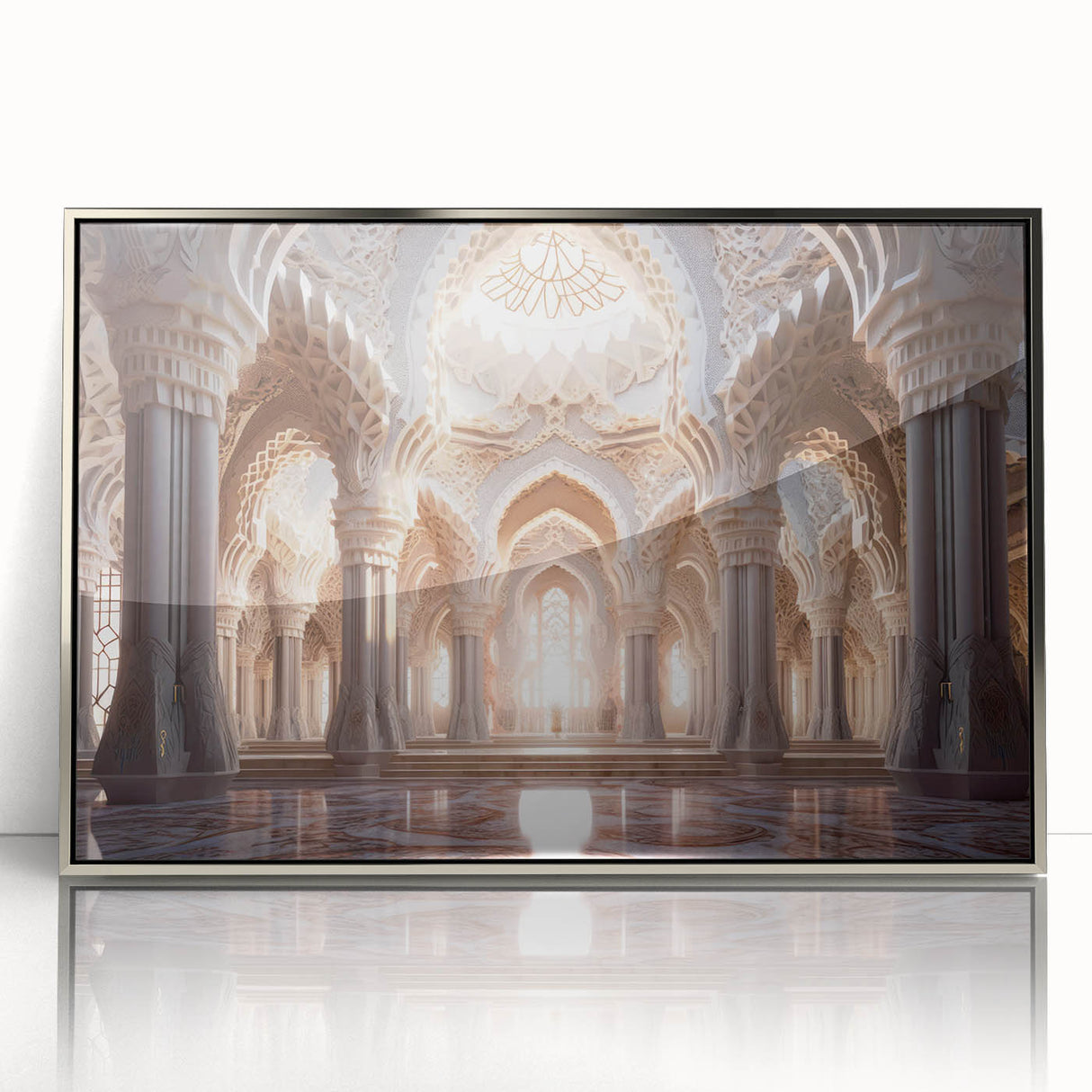 Art Deco style palace architecture depicted in silver and gray tones on a framed acrylic, suitable for modern art wall decor.