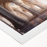 Art deco poster of a palace architecture in muted gold and blue tones on rolled canvas, suitable for dining room decor.