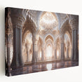 Side view of a large stretched canvas featuring a detailed palace architecture design in neutral tones.