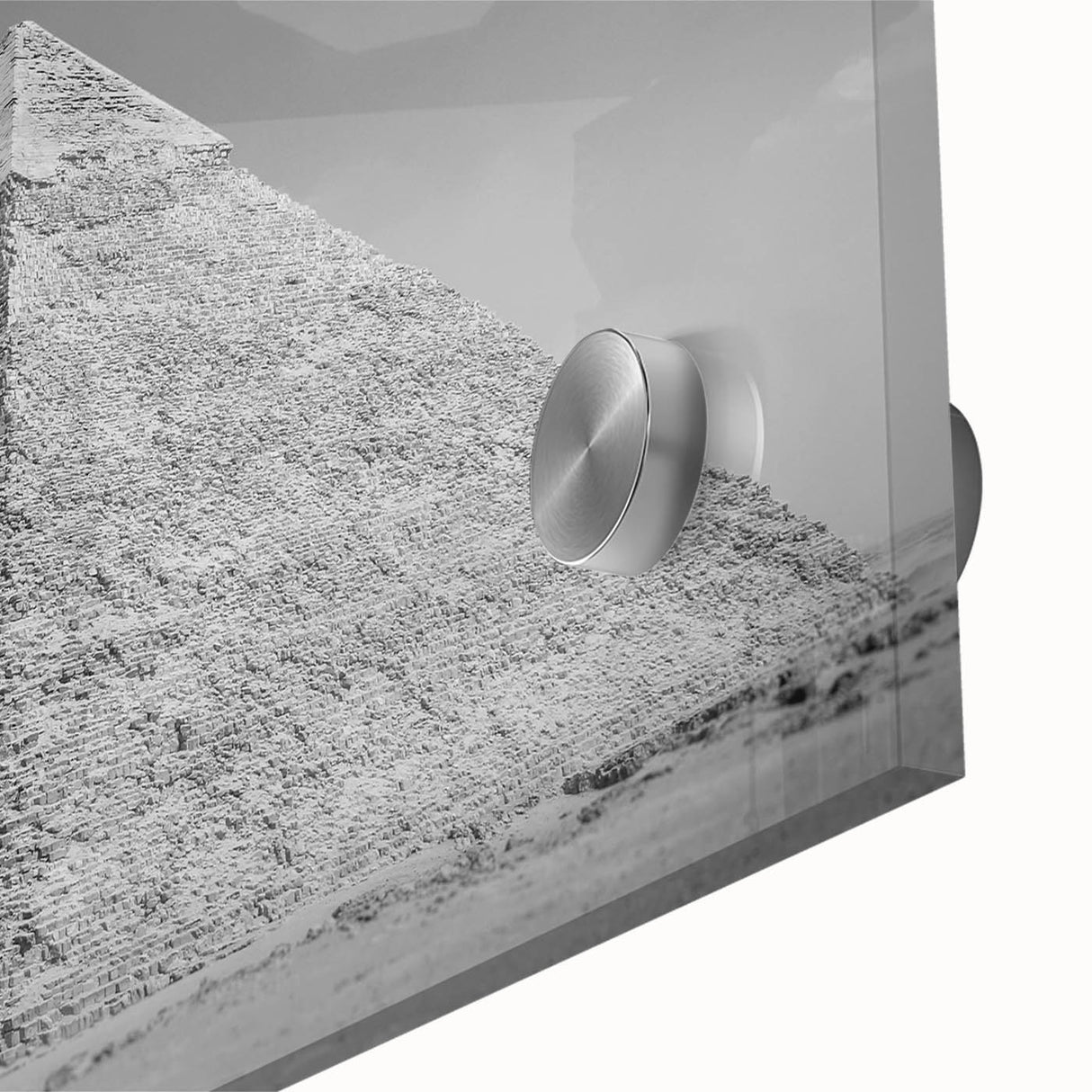 Large abstract wall art featuring mid-century modernist pyramids in muted earth tones on acrylic glass.
