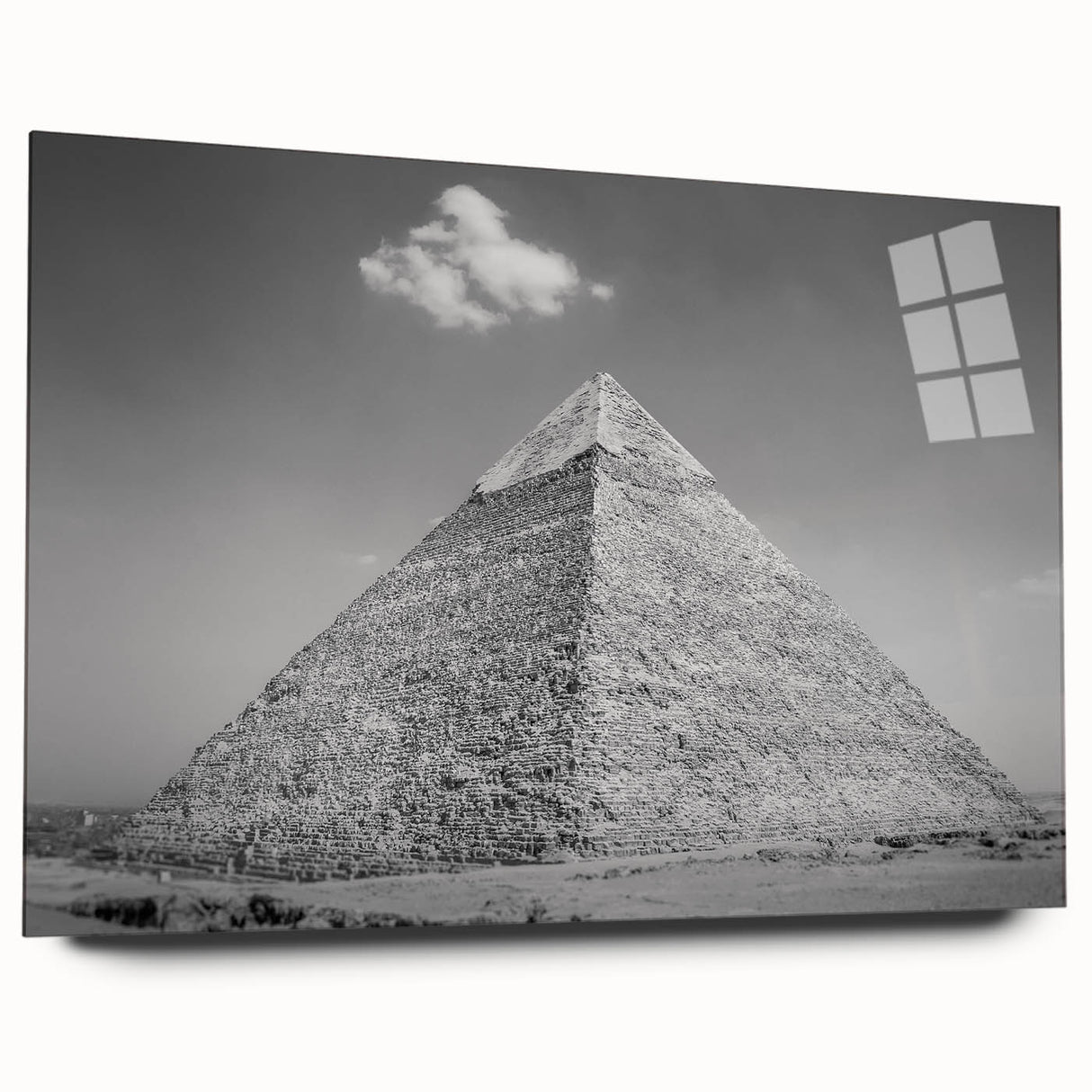 Large abstract wall art of pyramids in muted earth tones on acrylic glass, ideal for bedroom or dining room decor.