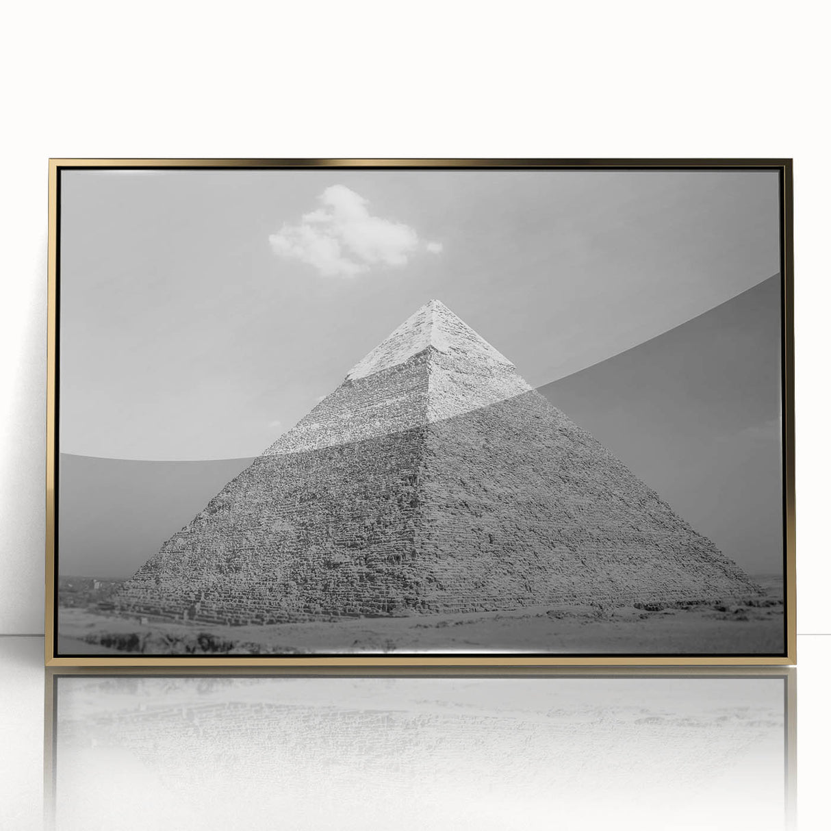 Mid-century modernist art of pyramids in gold and black tones, acrylic print framed, suitable for modern art wall decor.