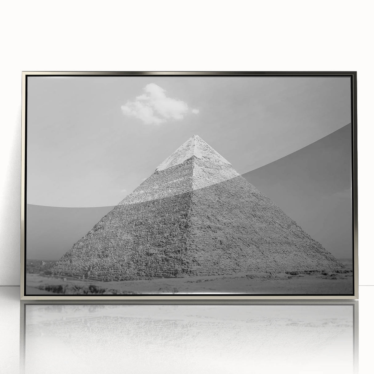 Art deco poster featuring symmetrical pyramid designs in silver and gray on acrylic, ideal for modern art wall decor.