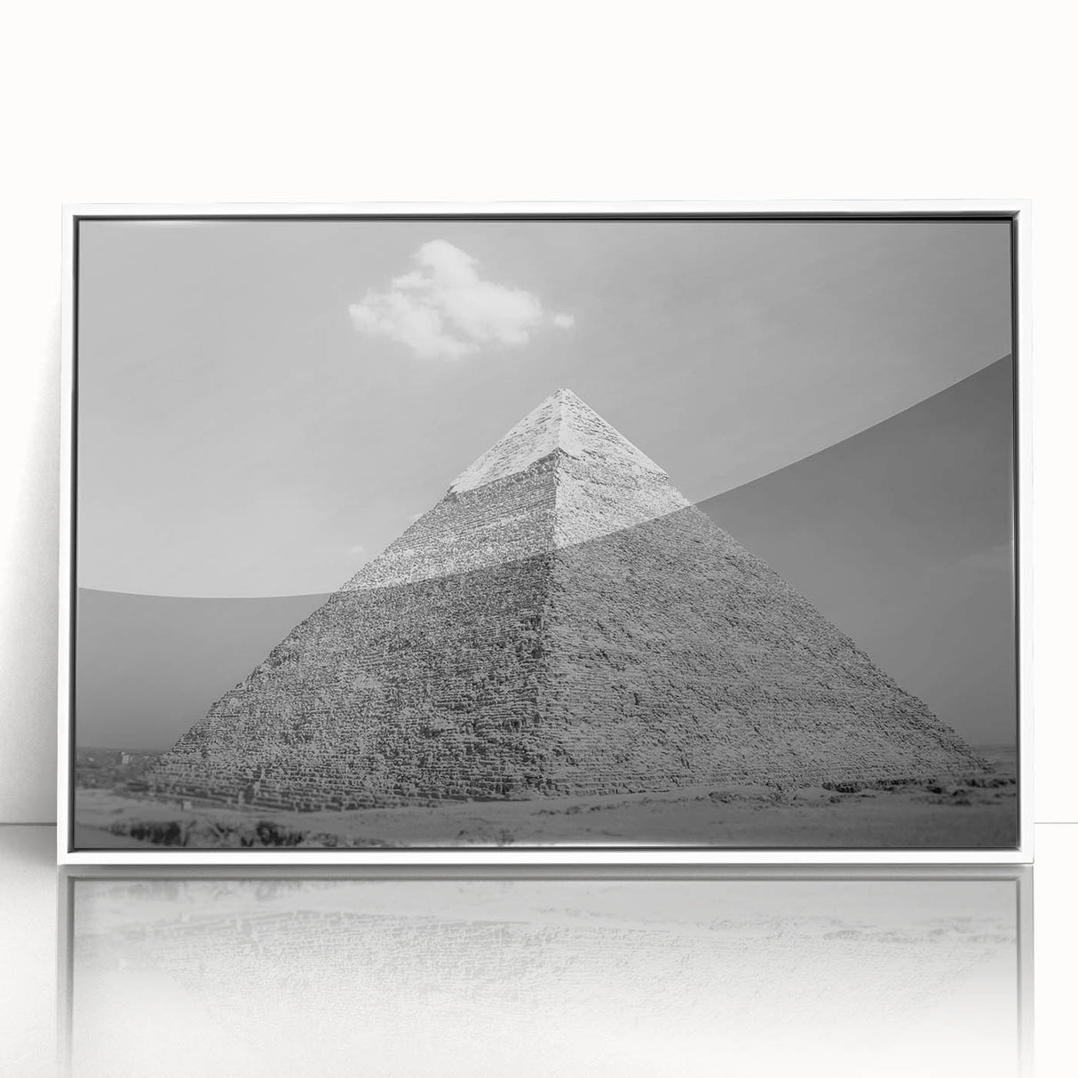 Mid-century modernist pyramid design in muted earth tones, framed acrylic print, suitable for modern art wall decor.