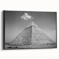 Black and white framed canvas of pyramids in a vintage poster style, suitable for bedroom wall decor.