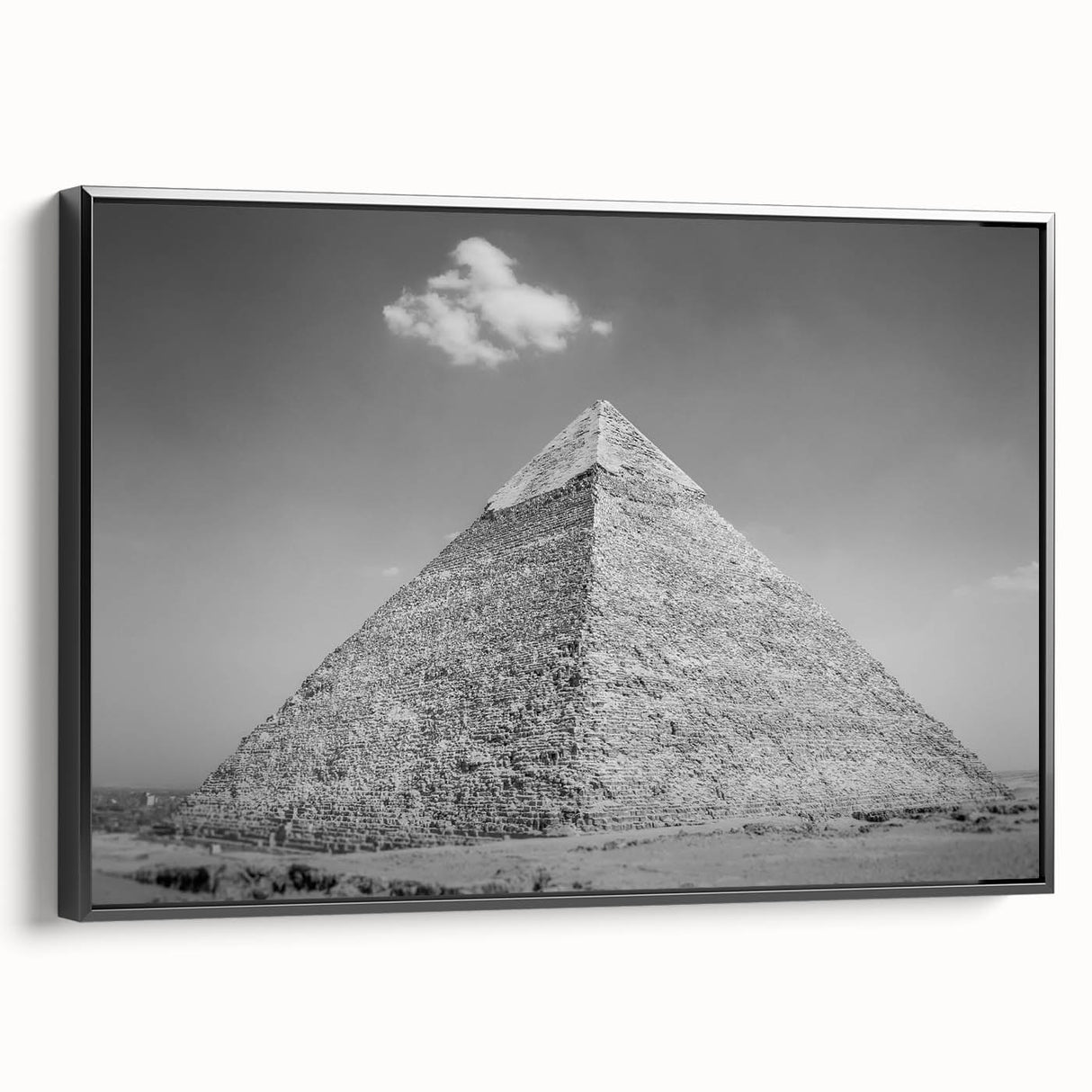 Black and white framed canvas of pyramids in a vintage poster style, suitable for bedroom wall decor.